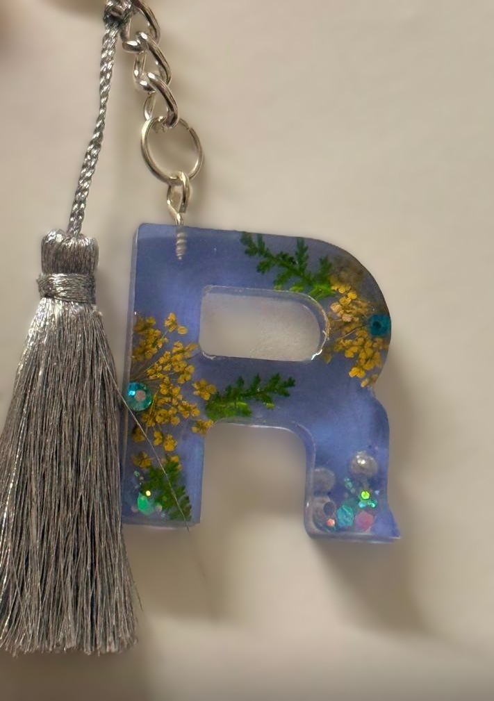 Blue resin personalised letter keychain with tassel